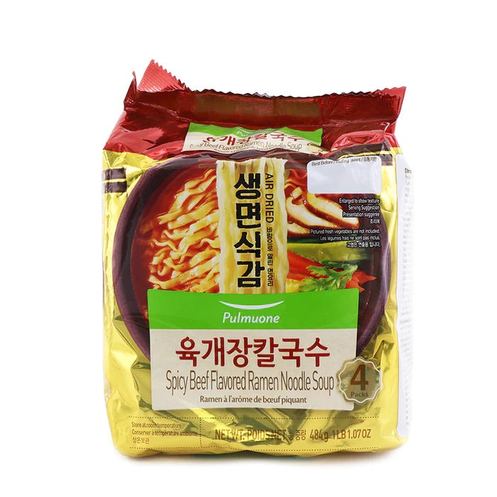Pulmuone Spicy Beef Flavored Ramen Noodle Soup 4 pack - 484g/1lb. 1.07oz