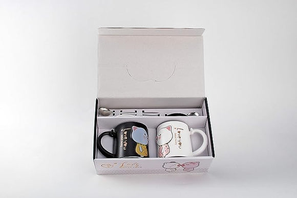 Hinomaru Collection Sweet Love Pig Couple Mug Set With Stirring Spoons (Black White)