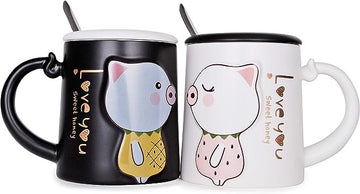 Hinomaru Collection Sweet Love Pig Couple Mug Set With Stirring Spoons (Black White)