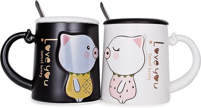 Hinomaru Collection Sweet Love Pig Juego de tazas para parejas con cucharas agitadoras (blanco y negro)