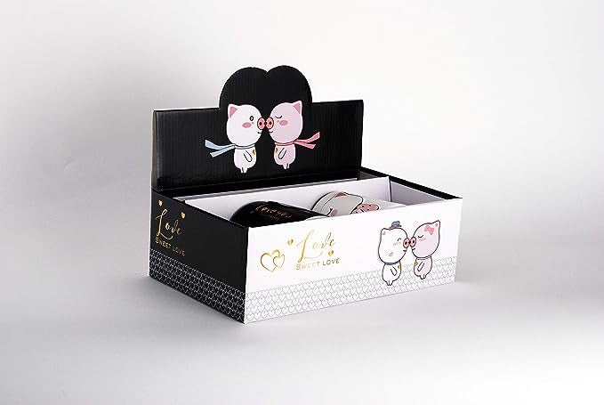 Hinomaru Collection Sweet Love Pig Juego de tazas para parejas con cucharas agitadoras (blanco y negro)