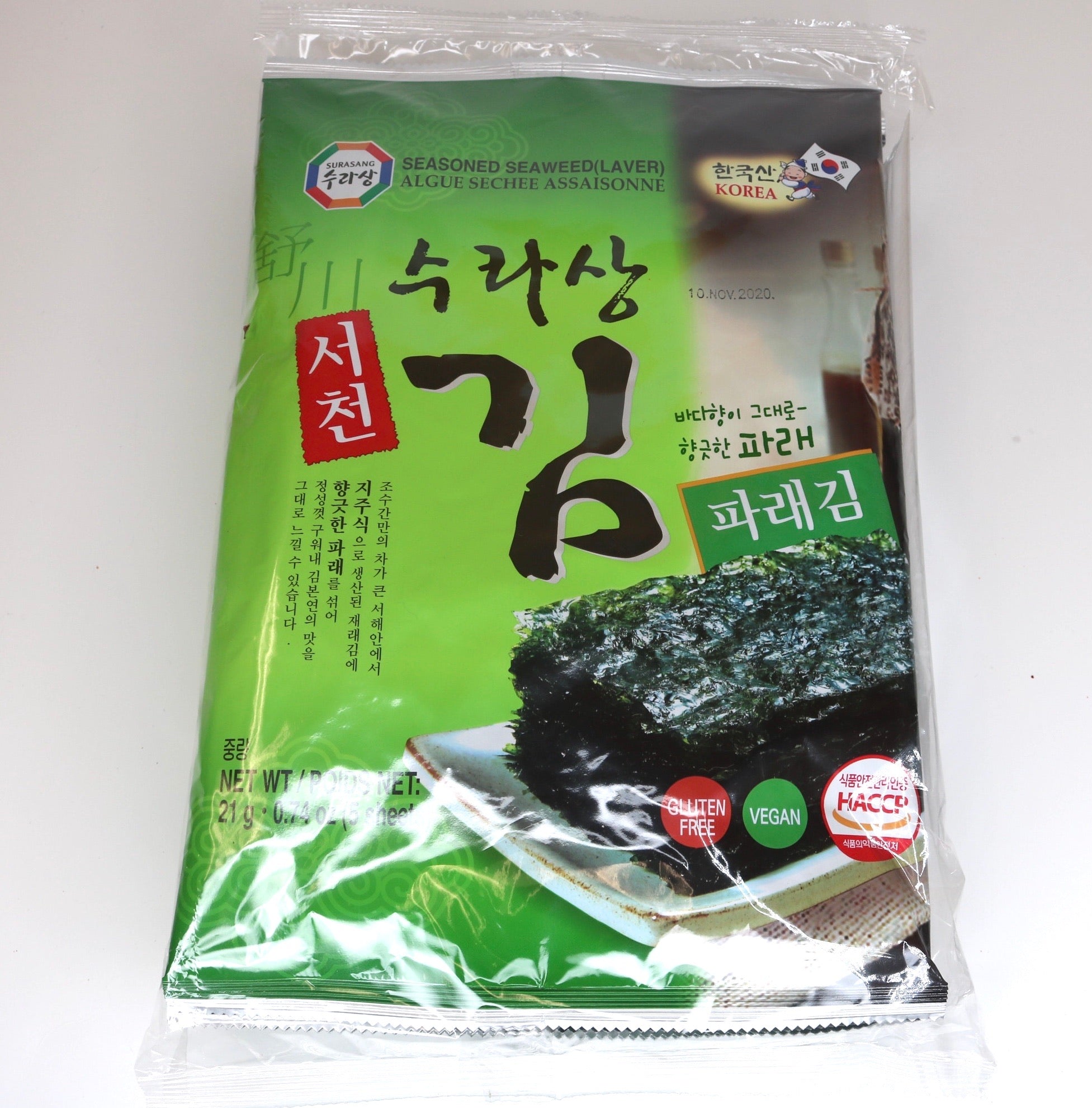 Surasang Seasoned Seaweed (Laver)(5 hojas por paquete x 4) - 21g/0.74oz x 4